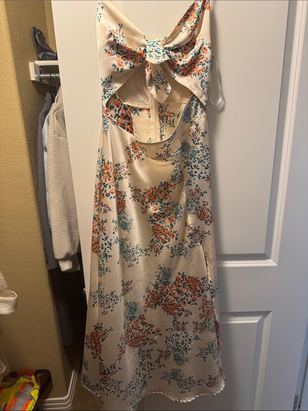 Petal & Pup Cream Satin Midi Dress with Coral and Teal Floral Print